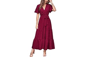 MASCOMODA Womens Summer Swiss Dot Maxi Dressses Wrap V Neck Flutter Short Sleeve Boho Casual Flowy Long Wedding Guest Dress