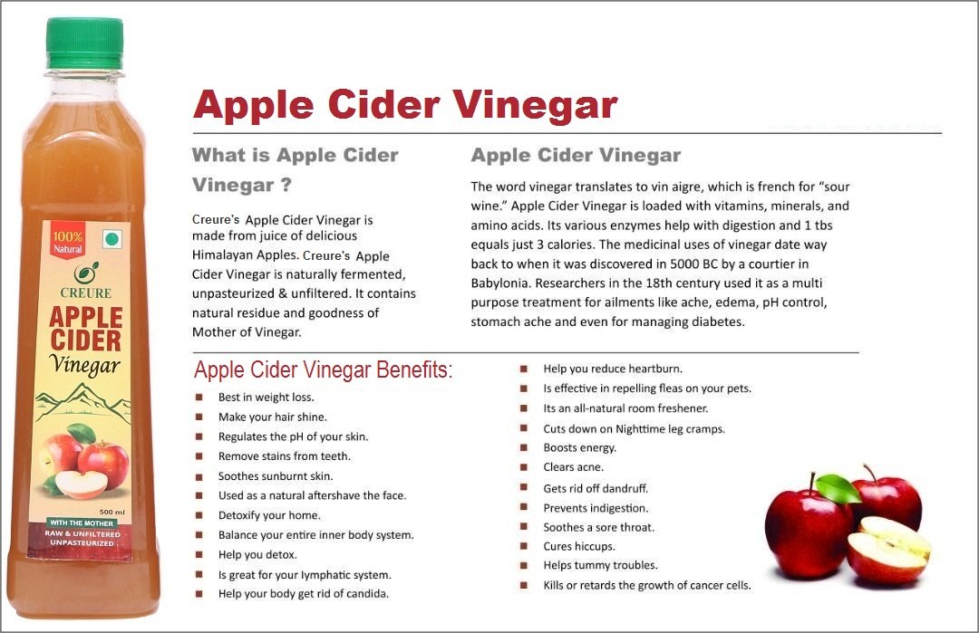 Buy Creure Apple cider vinegar Raw, Natural help to reduce blood cholesterol and etc. 500 ml