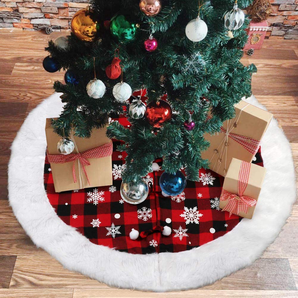 AerWo 48inch Snowflake Christmas Tree Skirt Red and Black Buffalo Plaid