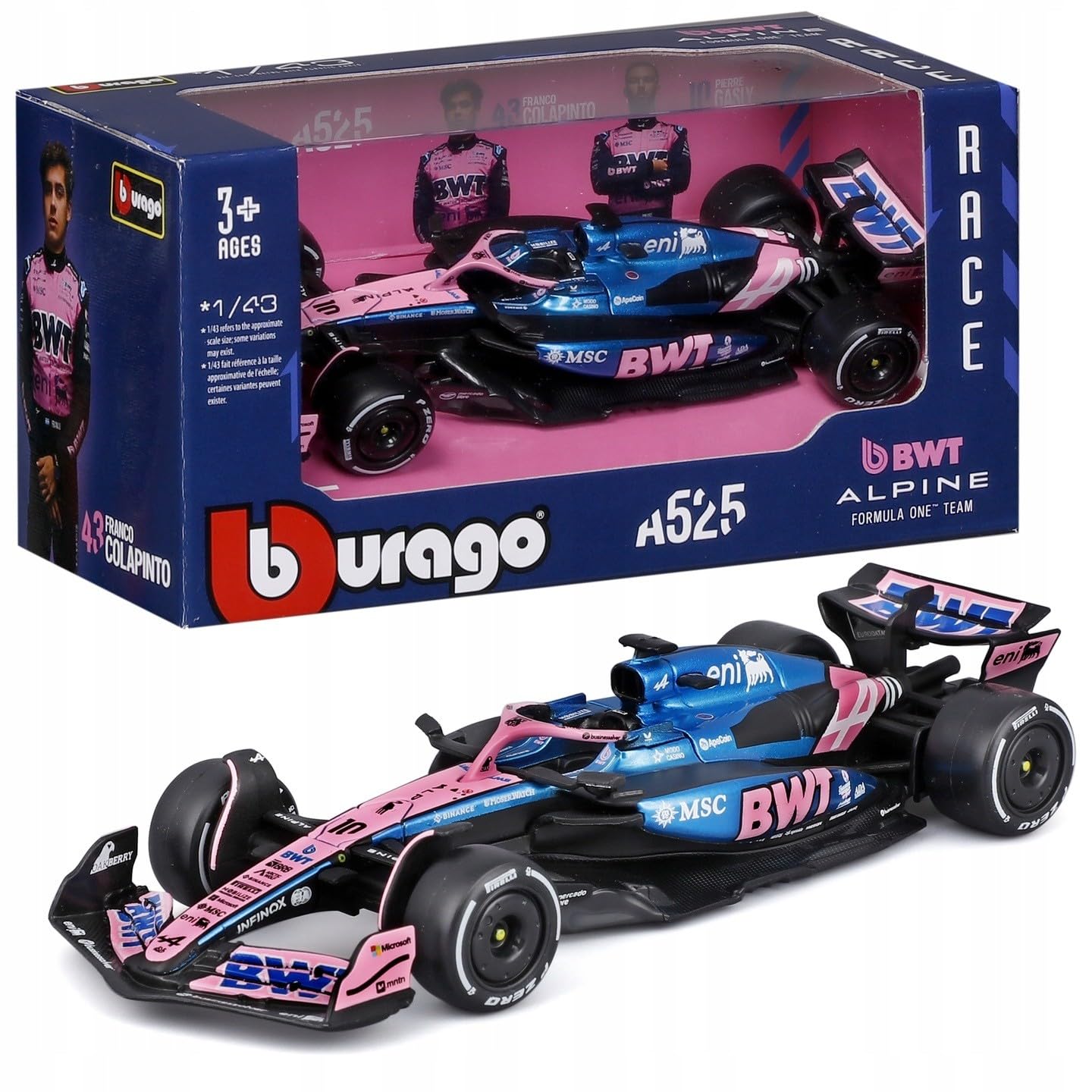 Bburago - F1 BWT Alpine A525 2025#10 Gasly, 1:43 Scale Diecast Car with Authentic Details, F1 Alpine Replica, Blue/Pink Livery, Officially Licensed, Recommended Age 3+ Years