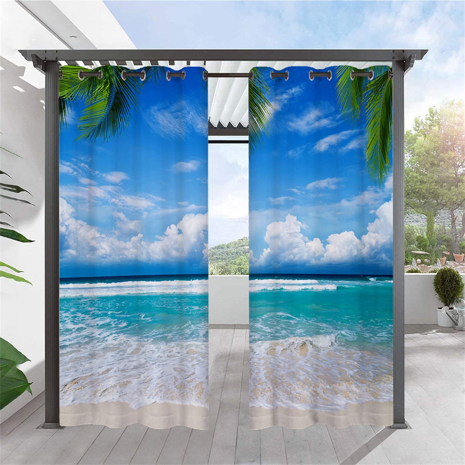 Heavyoff Outdoor Curtains for Patio Waterproof Outside Light Blocking Thermal Insulated Blackout Curtains with Tropical Beach Ocean Pattern for Gazebo, Pavilion, Cabana, 2 Panels, Style 15, W46 x L63