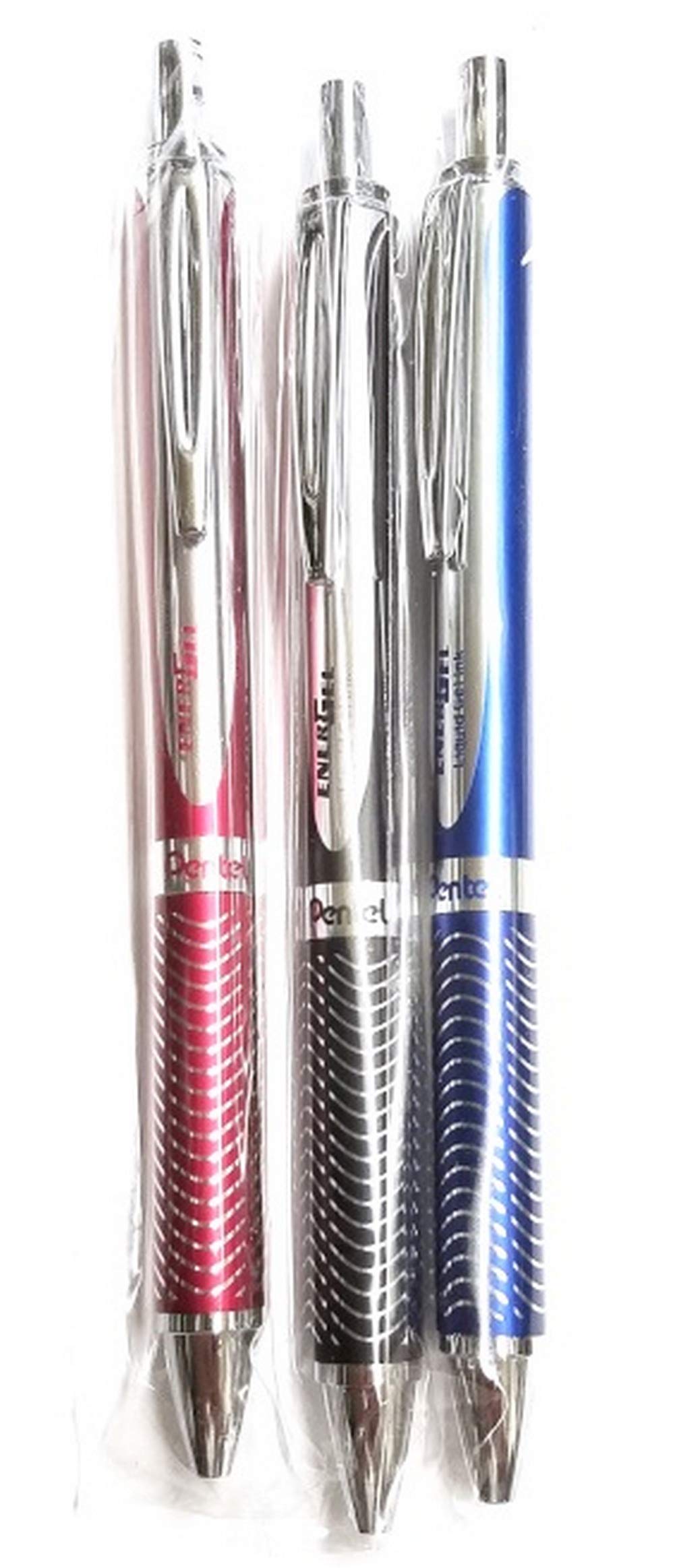 Photo 1 of (3) Pentel Energel Alloy Retractable Liquid Gel Pen, (0.7mm) Medium Line, Navy Blue Barrel, Red Barrel, Black Barrel 1-Pk Black Ink