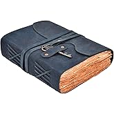 LEATHER VILLAGE Vintage Leather Journal – 200 Handmade Vintage Deckle Edge Paper – Leather bound Journal For Women Men – Vintage Key Closure - Book of Shadows - Blue - 6X4 inches (A6)