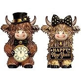 Burbell 2 Pcs Happy New Year Highland Cow Figurines Decor New Year Cow Gnomes Gifts Resin Statue Calf Lovers Gifts for Farmhouse Home Garden Bathroom Kitchen Office Tiered Tray Table Decor