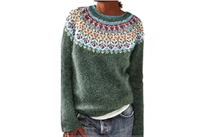PETYCZEN Fair Isle Sweater Women Casual Long Sleeve Crew Neck Icelandic Sweater Fall Vintage Embroidered Knit Pullover Top