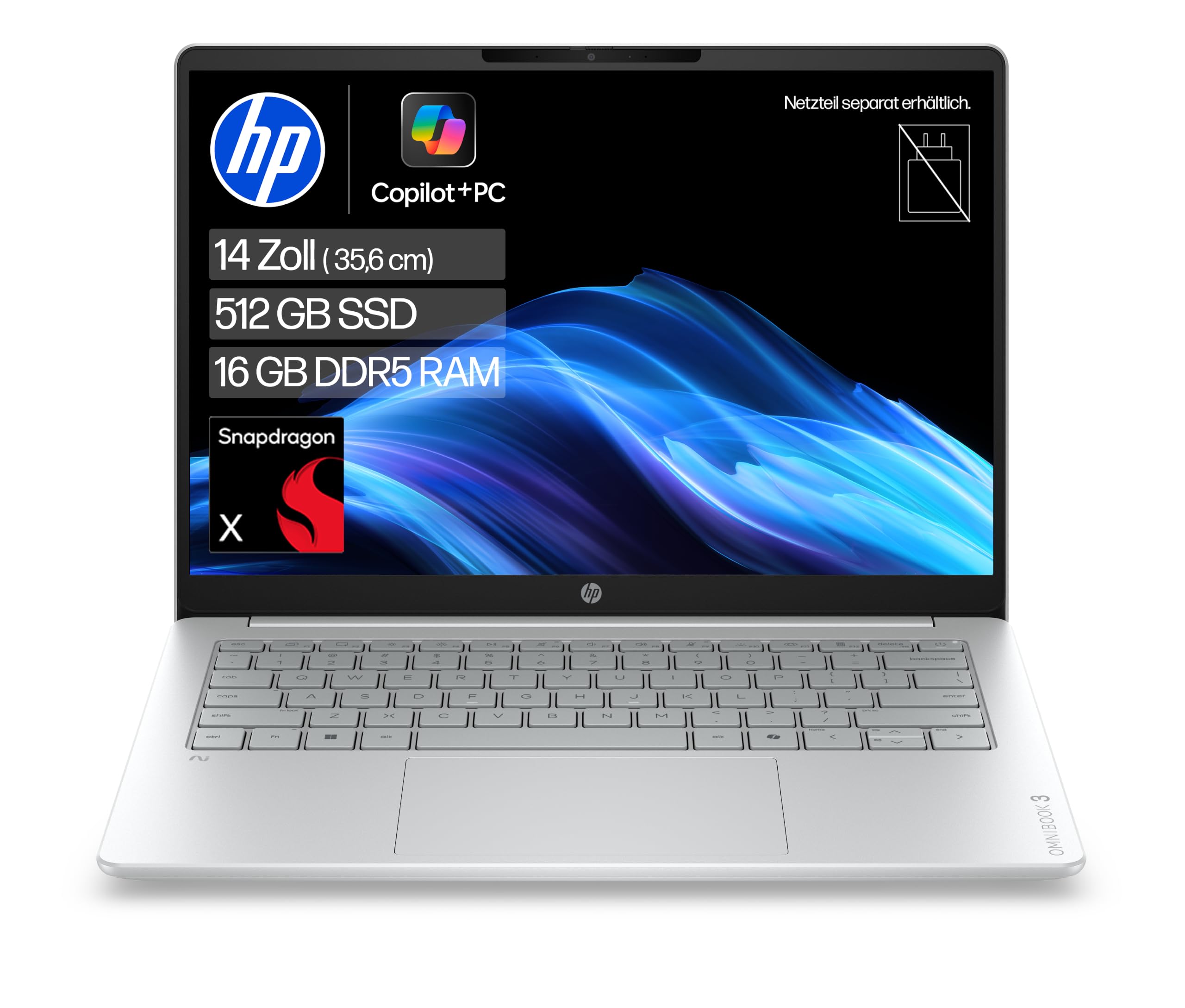 HP OmniBook 3 Laptop, 14" WUXGA, Snapdragon X, 16GB RAM, 512GB SSD
