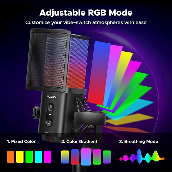 UGREEN USB GAMING MICROPHONE FOR STREAMING & VOICE CHAT, 24BIT/96KHZ CONDENSER MIC WITH QUICK MUTE, ZERO-LATENCY MONITORING, POP FILTER, SHOCK MOUNT, & RGB LIGHT FOR PC, PS5, DISCORD, PODCASTS