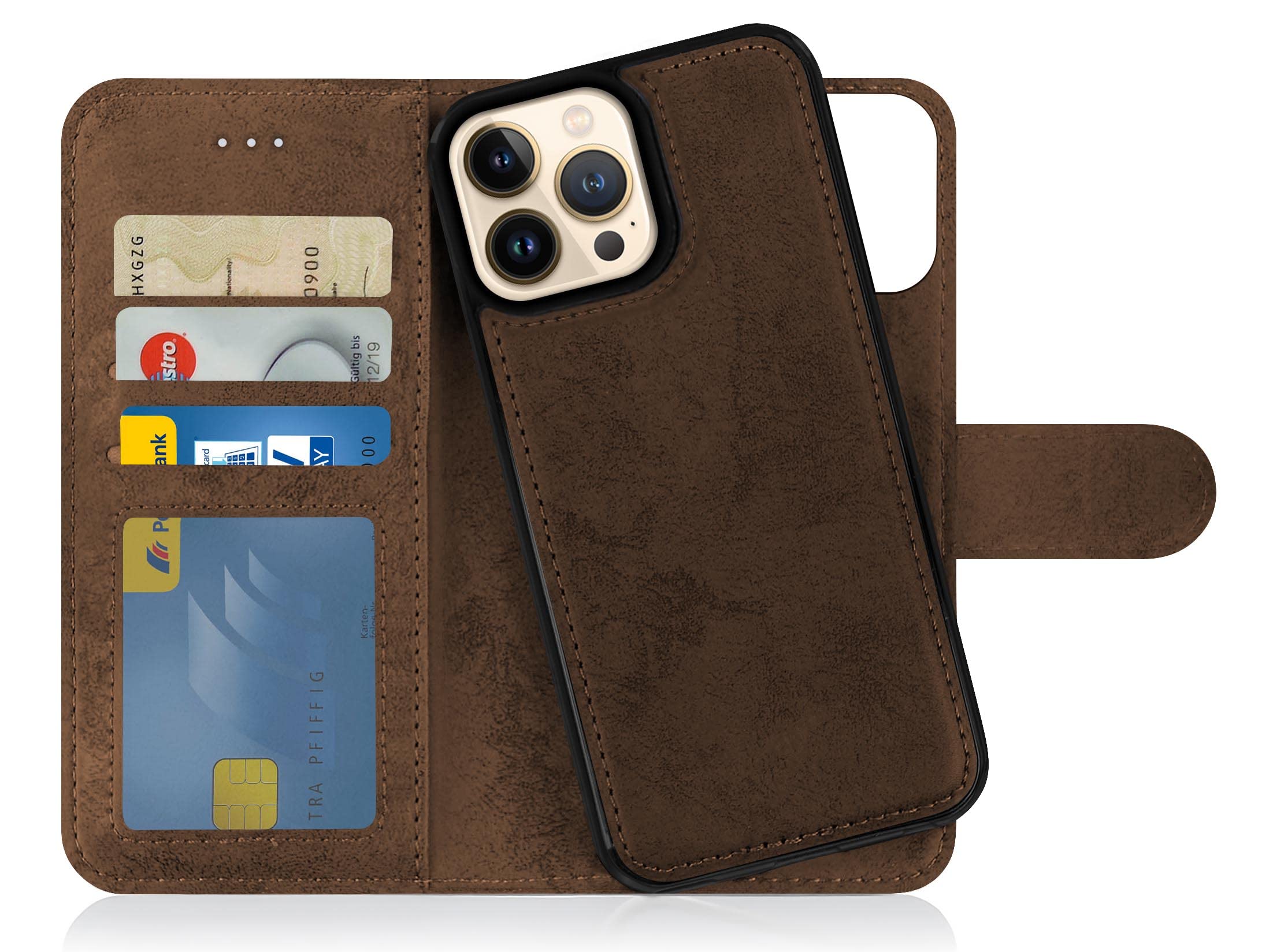 MyGadget Flip Case for iPhone 13 Pro Max - [ Removable Magnetic Cover ] - PU Leather Phone Case - [ Cover with Card Slot ] Protective Shell in Brown