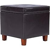 HomePop Leatherette Tufted Square Storage Ottoman with Hinged Lid, Brown Small