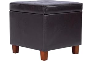 HomePop Leatherette Tufted Square Storage Ottoman with Hinged Lid, Brown Small