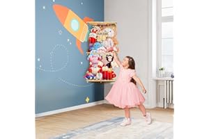 SKONYON Corner Stuffed Animal Storage Toy Storage Organizer DIY Rainbow Elastic Rope Plushies Storage W/ Hook/ Colorful Light Adjustable Hight Double layer Stuffed Multifunctional Storage for Nursery Bedroom