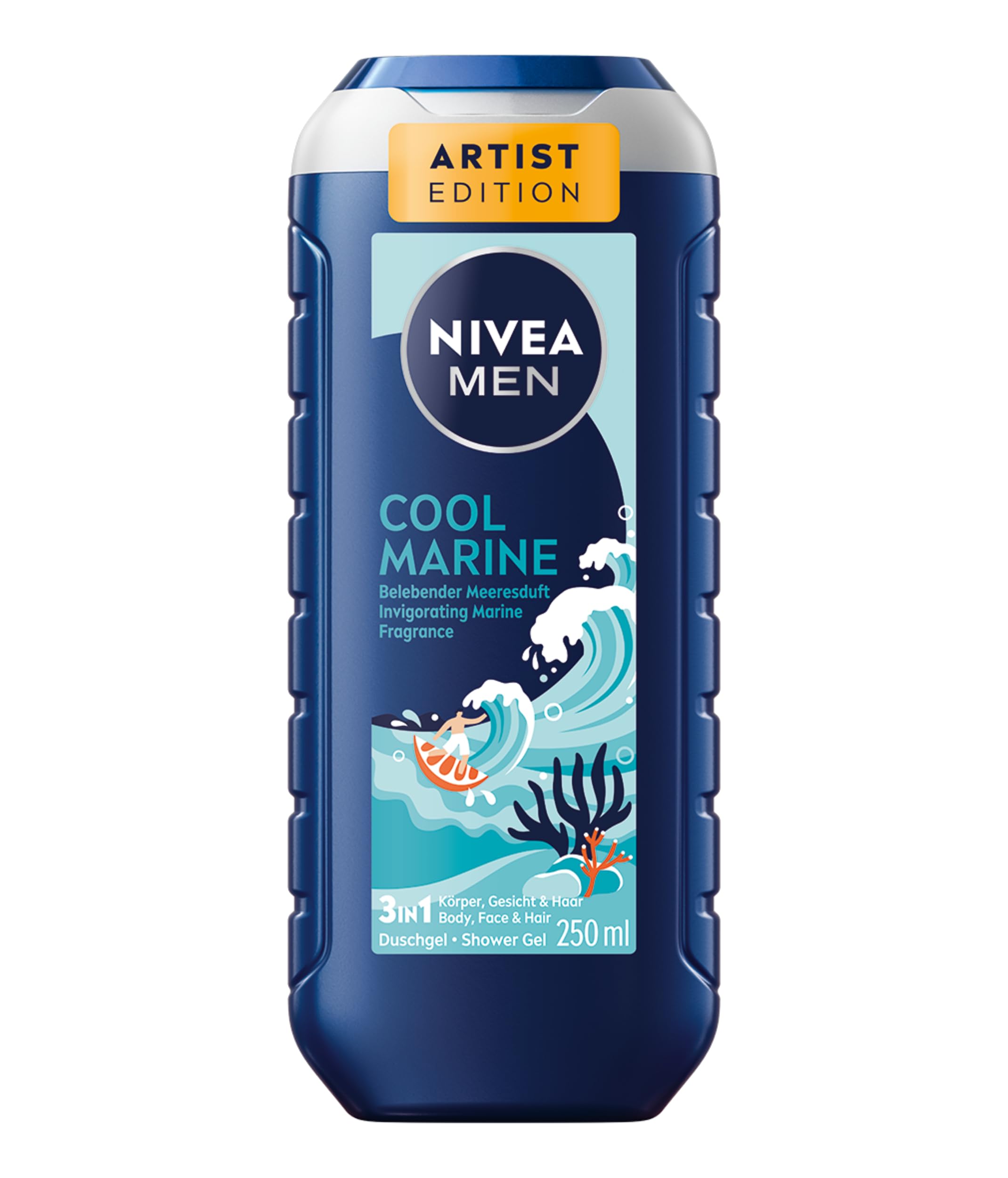 NIVEA MEN Cool Marine Artist Edition Duschgel, erfrischende Pflegedusche mit belebenden Meeresduft, 3in1 Duschgel für Körper, Gesicht und Haare (250 ml)