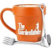 HZIZI Large 14oz Plant Lover Gifts The Gardenfather Funny Plant Pot Mug With Shovel Spoon & Rake Fork - Handmade Gardener Gifts For Men Grandpa Dad Husband Friends – Funny Gardening Lovers Coffee Mug