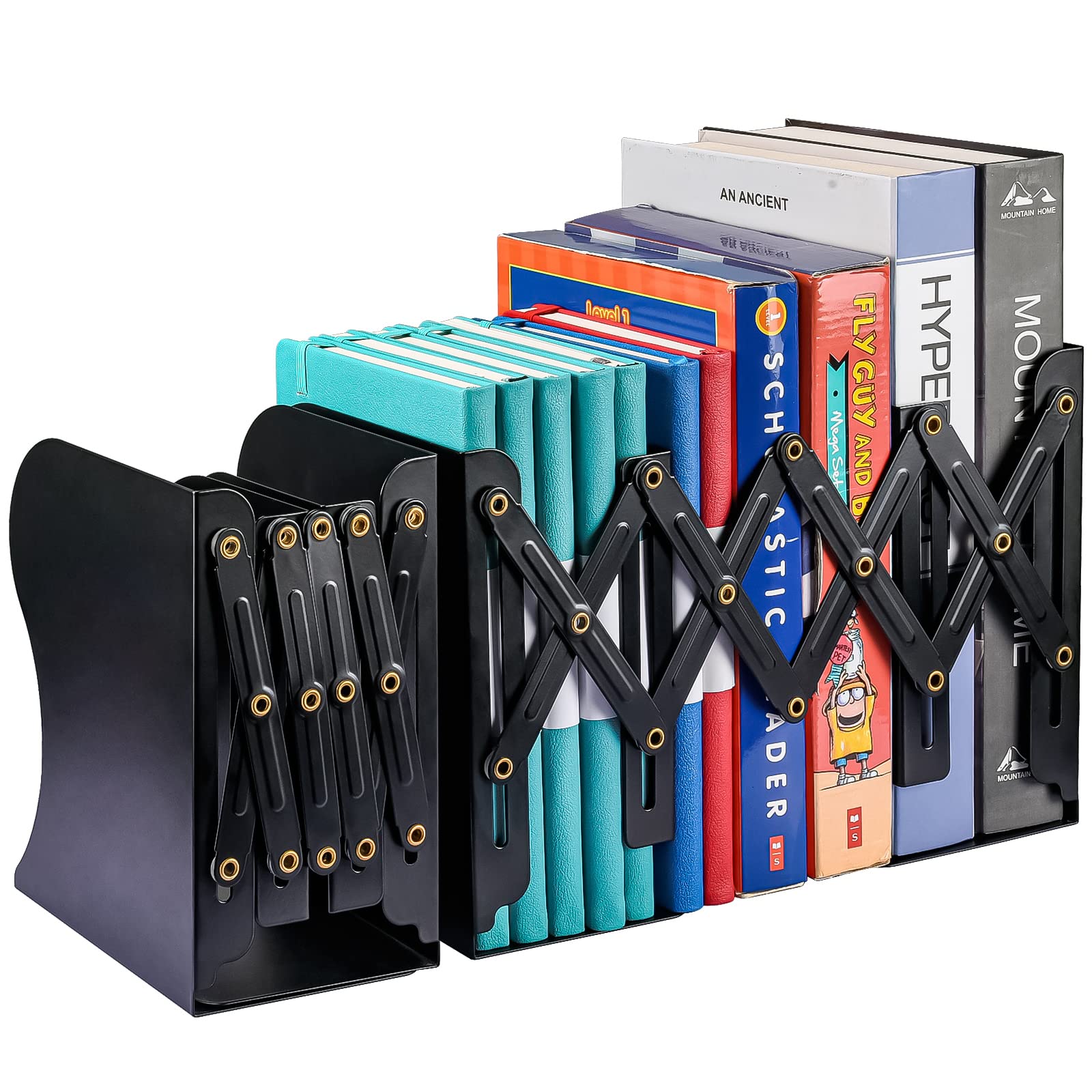 Photo 1 of 2PCS Adjustable Bookends, Metal Book Ends for Heavy Book, 2 Dividers, Nonslip Book Stander for Desk, Shelf, Office, Stationery Gift, Extends up to 19 inches (Black)