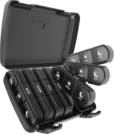 Fullicon Weekly Pill Box Organiser 7 Day 3 Daily Compartments Black