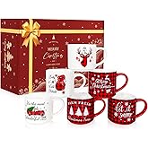 QIKSION 16oz Christmas Coffee Mugs Set of 6, Large Hot Chocolate Mugs, Holiday Cocoa Ceramic Mug Gift Set for Family, Friends and Colleagues(Red Black Plaid, White)