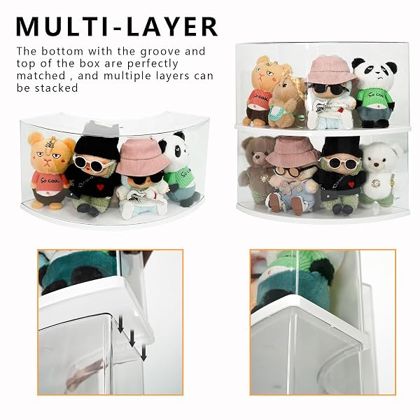 TREAYES ARC-SHAPED CLEAR DOLL DISPLAY CASE COMPATIBLE WITH LABUBU – CURVED CORNER STACKABLE ORGANIZER FOR 7 INCH COLLECTIBLES, DUST-PROOF TOY STORAGE BOX WITH TOP SHELF | NO ASSEMBLY NEEDED