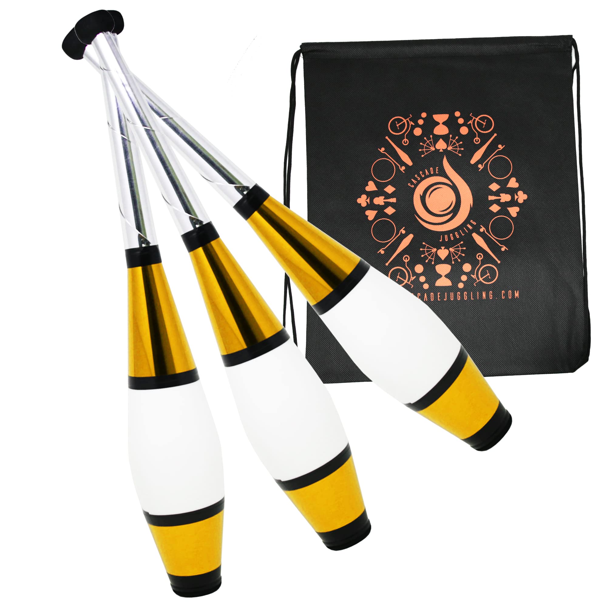 Juggle Dream 3 x Euro Clubs - Gold - Great Beginner to Intermediate Juggling Clubs with Cascade Juggling Bag