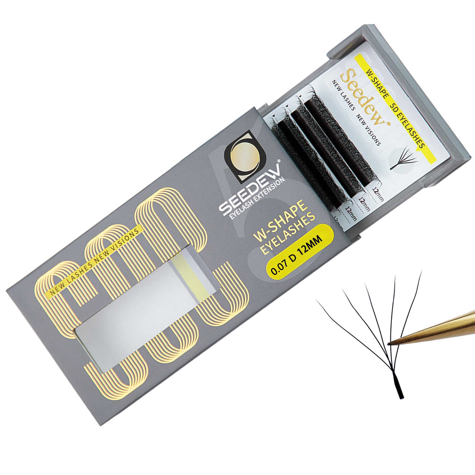 SEEDEW 5D Lash Extensions, 0.07mm D Curl 12mm 12 Rows/Tray, W Shape Flat Stem, Korean PBT Volume False Eyelashes Grafting for Beginner Artist, Lash Tech, Beauty Salon(5D-Matte Black-0.07-D-12mm)