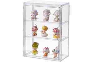 BEEHOMAY 3 Tiers Clear Display Case, Plastic Storage Bins with 2 Adjustable Divider and Magnetic Door,Stackable Display Box for Figures Showcase (1pack)