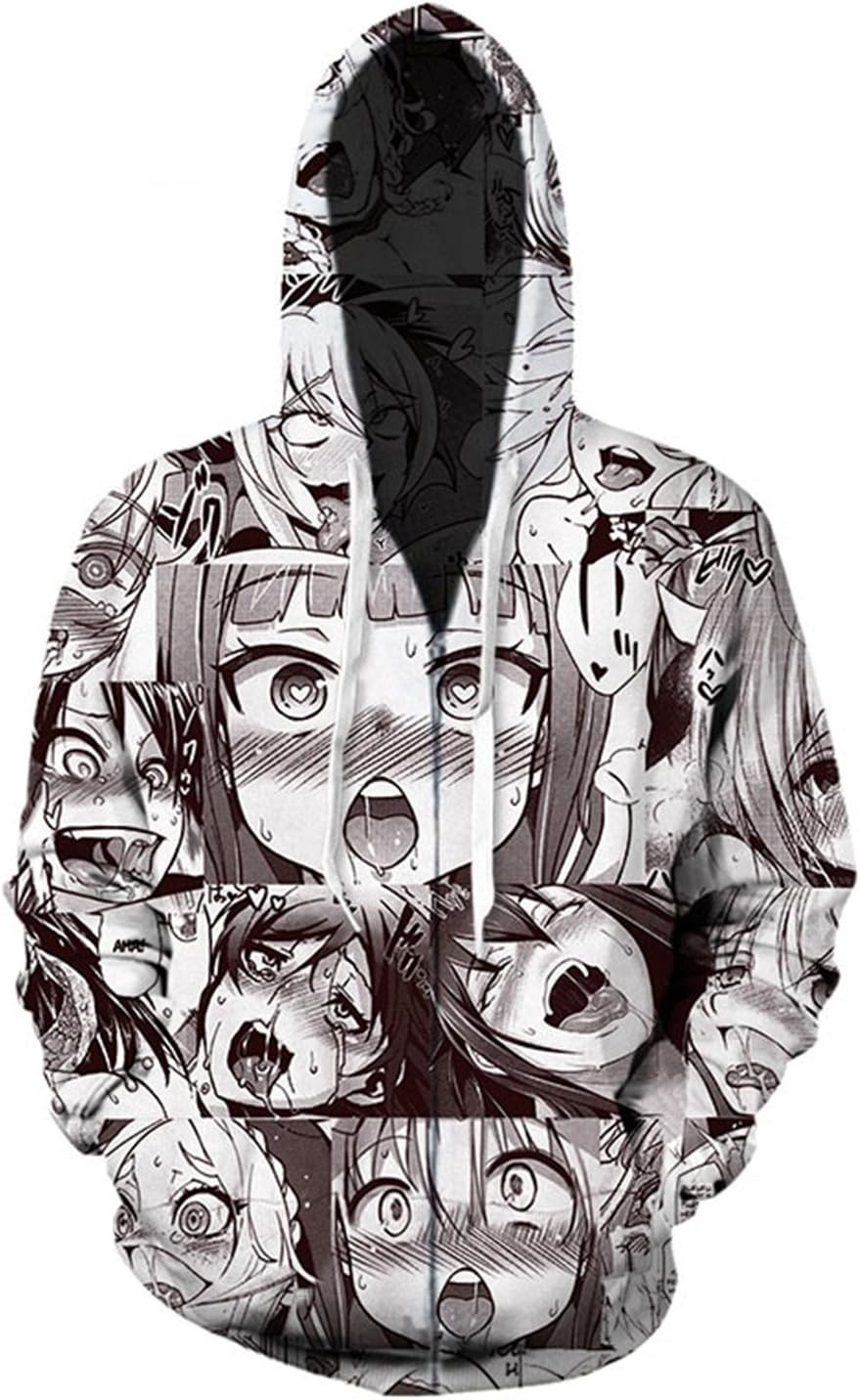 Huech Men's Hoodies Sweatshirt Funny 3D Print Pizza Ahegao Long Sleeve Pullovers Tracksuit T Shirts (5XL, Zip Hoodie)
