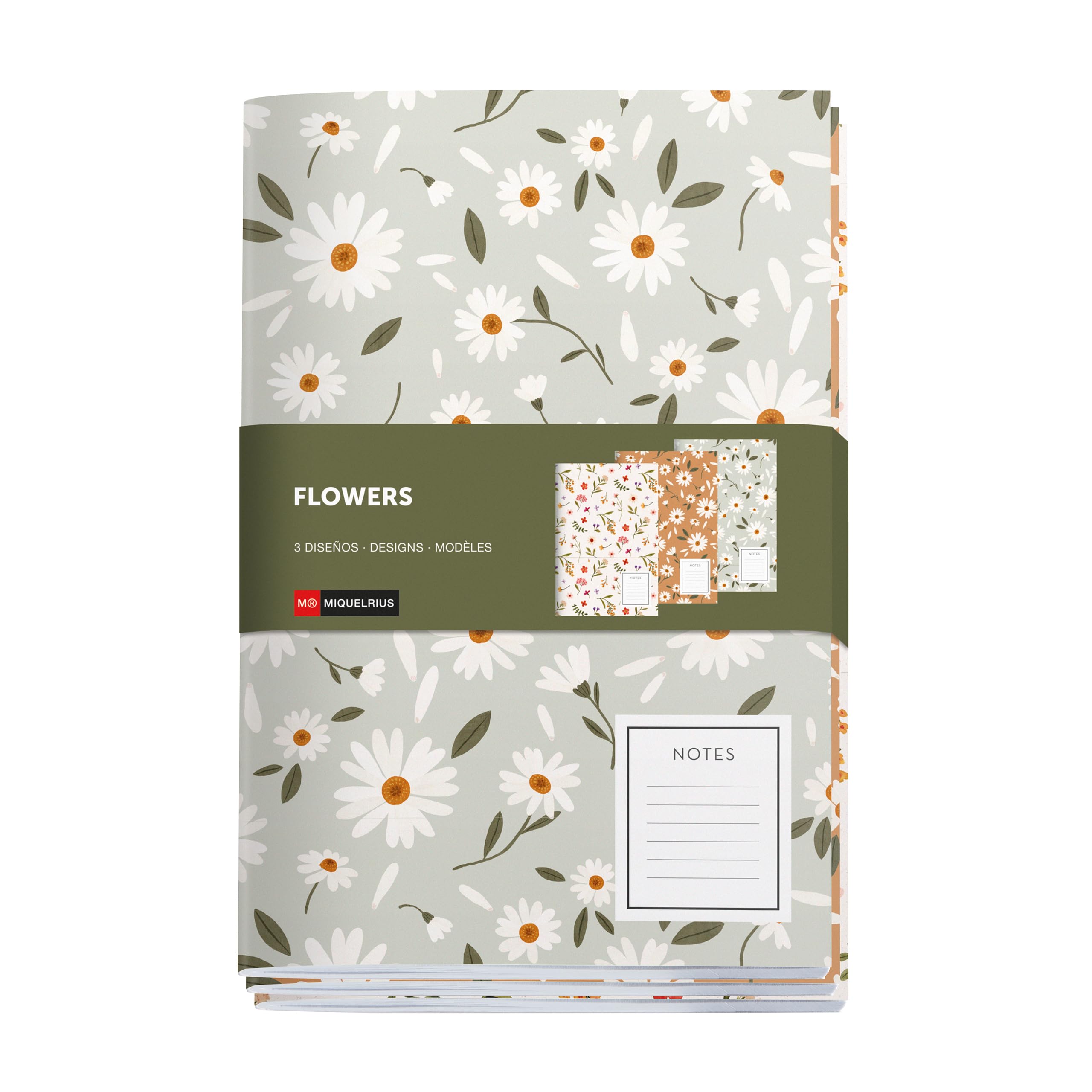 Miquelrius - A5 notebooks (142 x 210 mm) stitched, Pack of 3 notebooks, white dotted interior, 32 sheets of 80 g/m² each, textured cardboard covers, Spring Flowers Collection