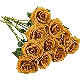 IUKnot Artificial Rose 10pcs Open Flower Bouquet Faux Rose Stems for Wedding Arrangement, Bridal Bouquet, Centerpiece, Fake Faux Silk Flowers (Mustard Yellow)