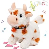 Hopearl Walking Cow Interactive Electronic Pet Plush Diary Cattle Toy with Sounds and Movements MOO Nodding Head Wag Tail Animated Gift for Toddlers Birthday, Brown, 7''
