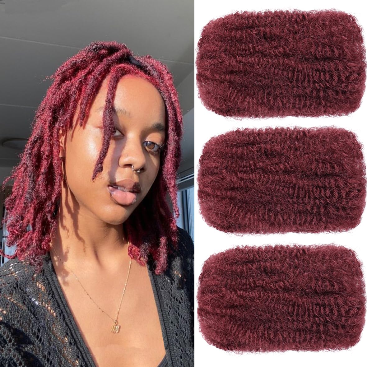 Kackanaa 16 Inch Dark Ginger Afro Kinky Curly Human Hair Bulk for Dreadlock Extensions and Repair Locs - 3 Packs, Marley Twist - Burgundy Springy Afro Twist - 30g/Pack