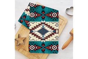 Turquoise Ethic Kitchen Towels, Southwestern Aztec Geometric Absorbent Microfiber Decorative Dish Cloth Tea Towel, Vintage Tr
