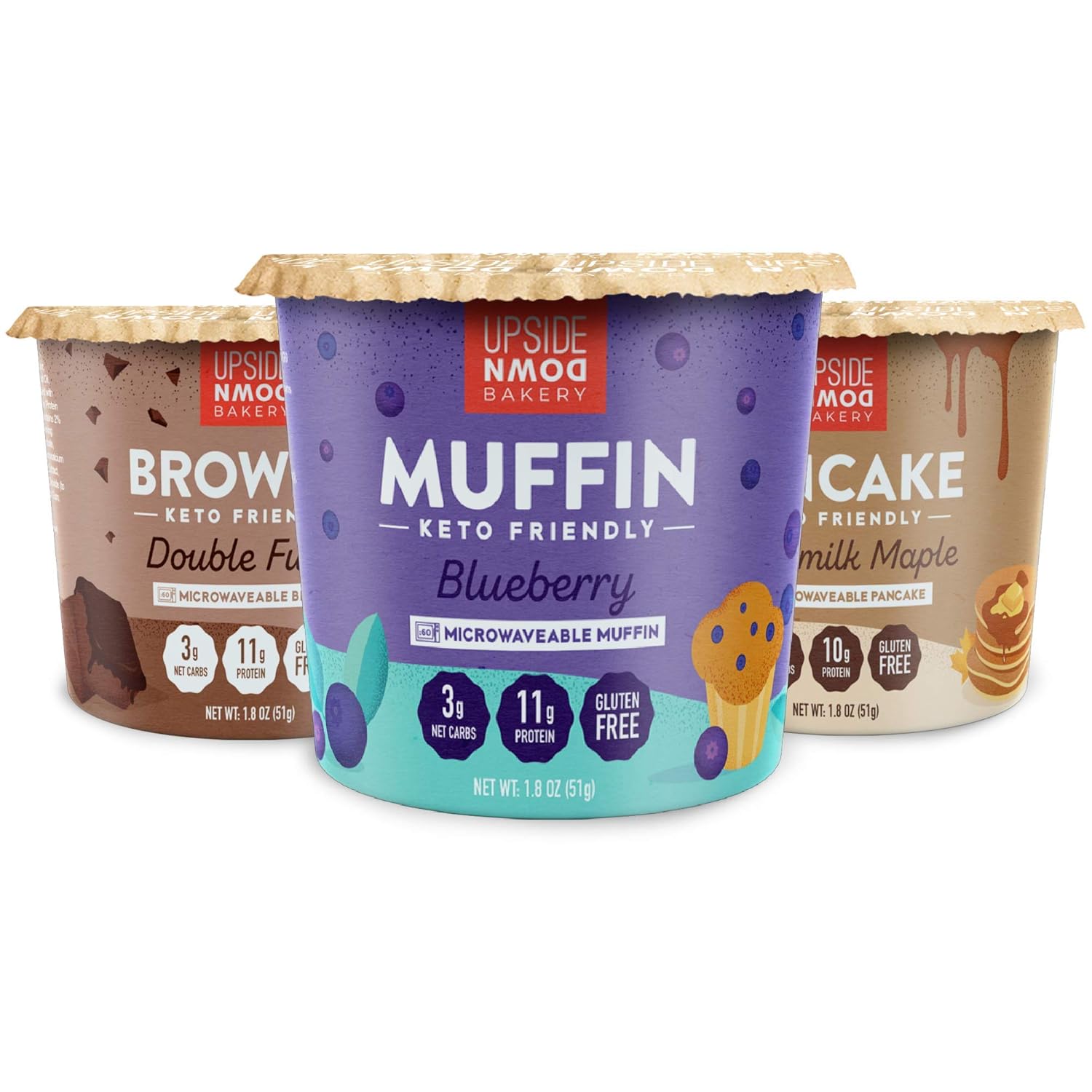 Upside Down Bakery Variety 9-Pack - Brownie, Muffin, Pancake (3 Net Carbs) - High Protein Snacks, Microwavable Low Carb Food - Just Add Water - Low Sugar - Gluten Free - Single Serve Cups