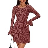 ZESICA Long Sleeve Mini Dresses for Women Spring Mesh Floral Crewneck Bodycon Wedding Guests Cocktail Party Short Dress