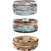 JDRGJTH 3 Pcs Western Bracelets for Women - Turquoise Bracelet Boho Leather Layered Wrap Bracelet for Women Cuff Bangle Western Country Jewelry Gift