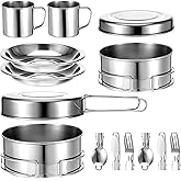 JJUNW 14Pcs Stainless Steel Camping Cookware Set, Lightweight Compact Camping Pots Pans Set with Cups Plates Forks Knives Spoons for Backpacking Camping-Cooking Hiking and Picnic