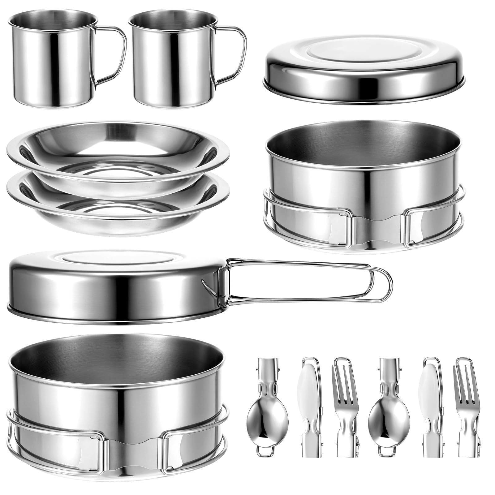 Photo 1 of JJUNW 14Pcs Stainless Steel Camping Cookware Set, Lightweight Compact Camping Pots Pans Set with Cups Plates Forks Knives Spoons for Backpacking Camping-Cooking Hiking and Picnic
