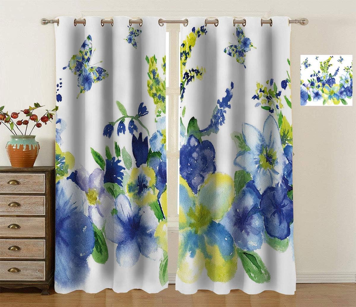 Fabuyale Yellow and Blue Decorative Curtains, Spring Flower