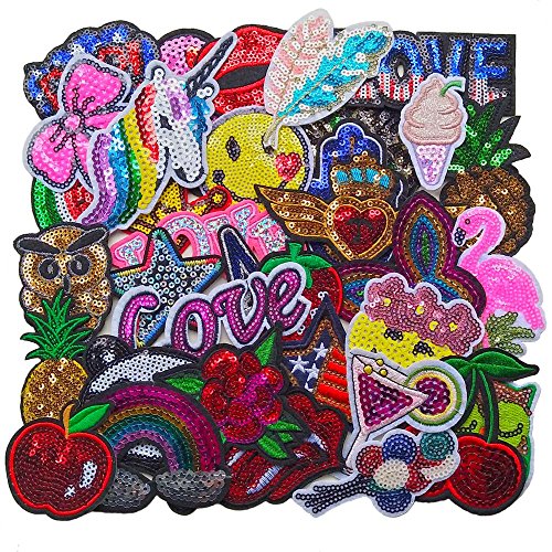 Qingxi Charm 32pcs Assorted Styles Sequins Sewing on/Iron on Embroidered Patches Clothes Dress Hat Pants Shoes Curtain Sewing Decorating DIY Craft Embarrassment Applique Patches (Sequins 32pcs)