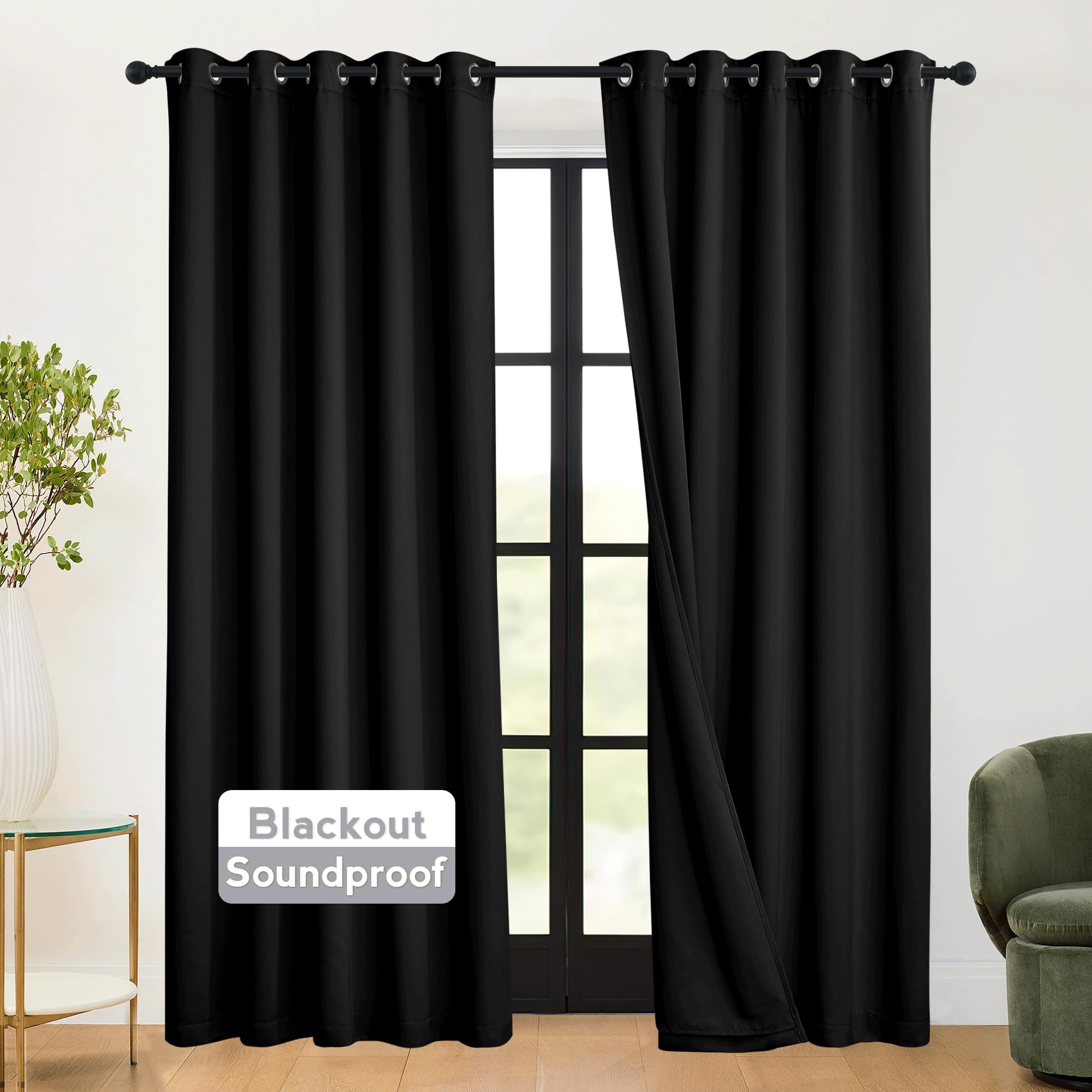 Photo 1 of ** PARTIAL SET ** RYB HOME 3-in-1 Soundproof - Blackout - Energy Saving Room Divider Curtains, Extra Wide Window Curtains for Bedroom Living Room Loft Baby Nursery, Black, Wide 62 x Long 84 inches, 2 Panels