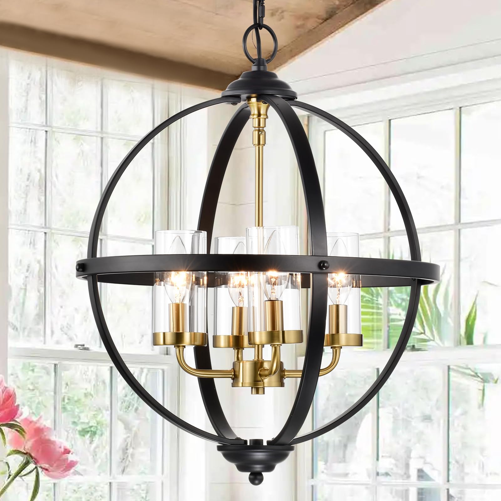 Photo 1 of *INCOMPLETE** Treekee Rustic Chandelier, 17" Black and Gold Finish Glass Cover Luxurious Hanging Light, 3-Light Globe Vintage Pendant Ceiling Light Fixtures for Living Room Entry Way Dining Room
