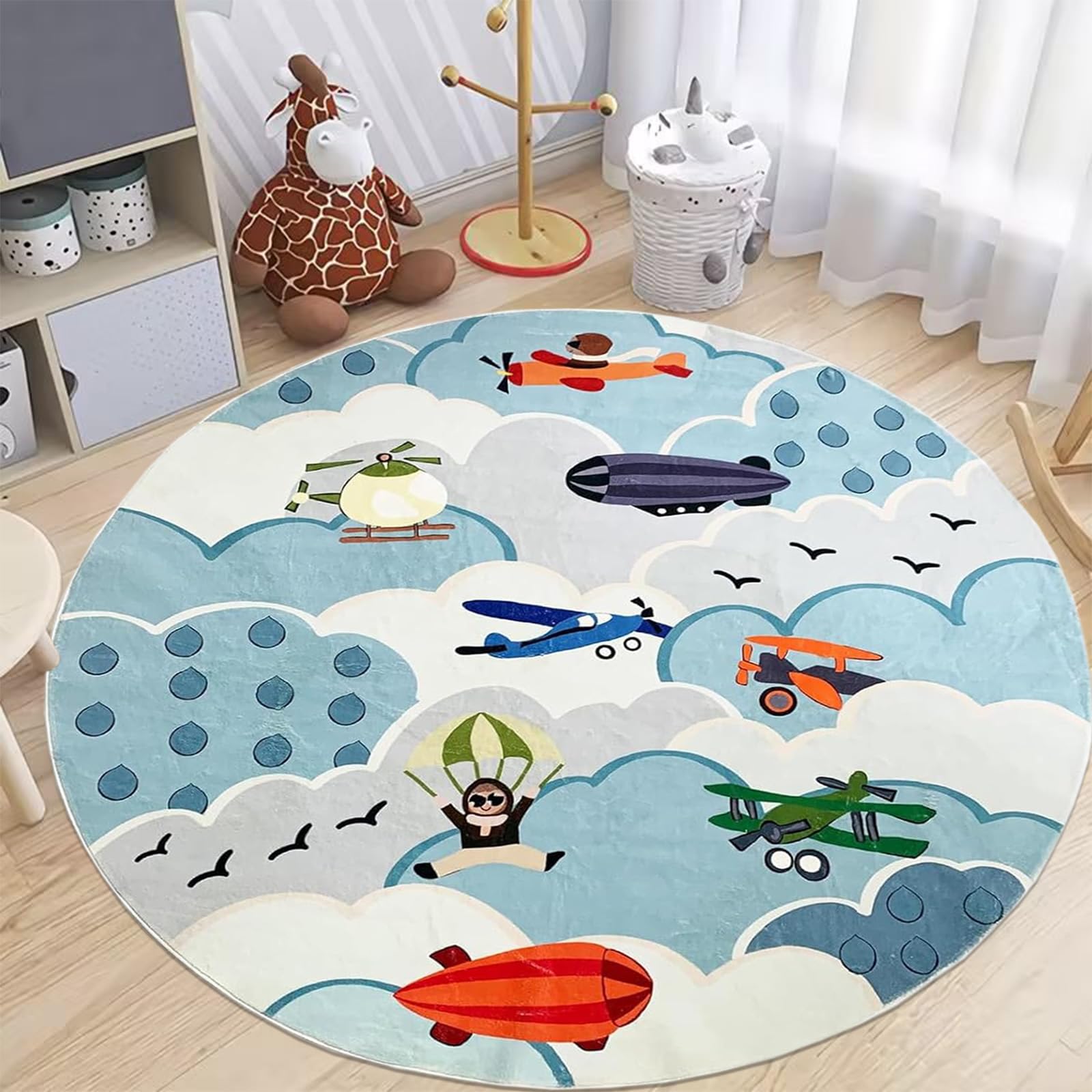 Photo 1 of ABREEZE Faux Wool Kids Play Mat 4ft,Animal Round Area Rug Kids Nursery Door Mat Soft Plush Non-Slip Childrens Carpet for Bedroom Living Room Playroom,Plane