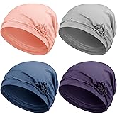 Geyoga 4 Pcs Chemo Turban Headwear for Women Slouchy Soft Chemo Cancer Hats Winter Warm Elastic Sleep Cap with Flower Design