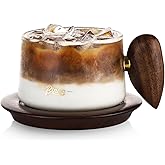 Bincoo Glass Coffee Cups and Saucers Set,250ML Clear Glass Iced Coffee Mug Espresso Cup Tea Cup with Walnut Coaster and Handle