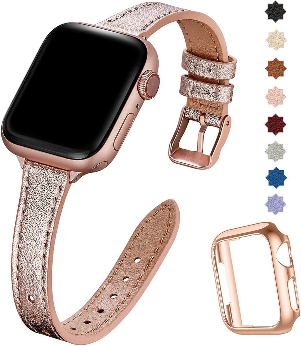 SUNFWR Compatible with Apple Watch Strap 38mm 40mm 41mm,Genuine Leather Strap Replacement,Slim&Thin Wristband for iwatch Series 7/6/5/4/3/2/1,SE(38mm 40mm 41mm,Rosegold&Rosegold)