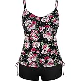 Septangle V Neck Two Piece Tankini Swimsuit Vintage Tummy Control Bathing Suit Ruched Swimwear