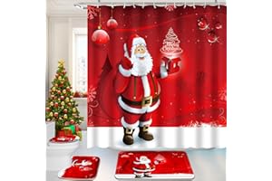 Ruikyhom Santa Claus Christmas Bathroom Sets with Shower Curtain and Rugs 4 Pcs, Xmas Bathroom Decor Sets, Merry Christmas Shower Curtain Sets with Rugs(Bath Mat,U Shape,Toilet Lid Cover) and Hooks