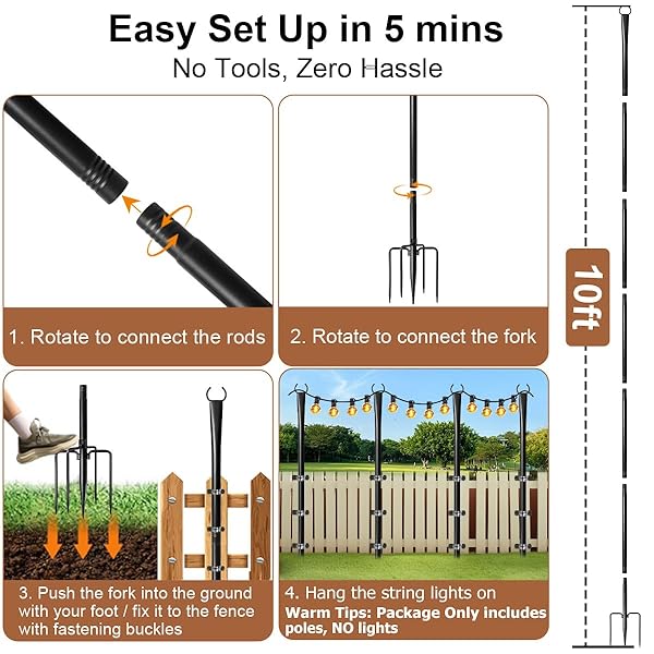 6 PACK STRING LIGHT POLES FOR OUTSIDE, UPGRADED HEAVY-DUTY METAL POLES FOR OUTDOOR STRING LIGHTS WITH FORK, ADJUSTABLE LIGHTING HANGING ACCESSORIES FOR PATIO DECOR PERGOLA BACKYARD GARDEN DECORATIONS