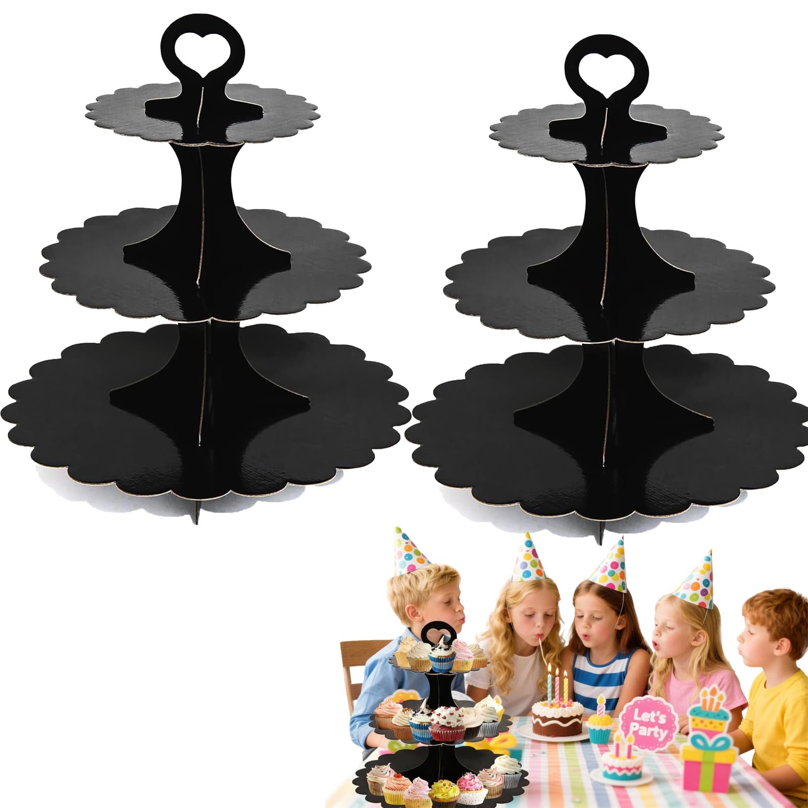 Photo 1 of 2PCS 3 Tier Black Cupcake Stand,Cupcake Stand Cardboard – Easy to Assemble& Reusable(Lace Black)
