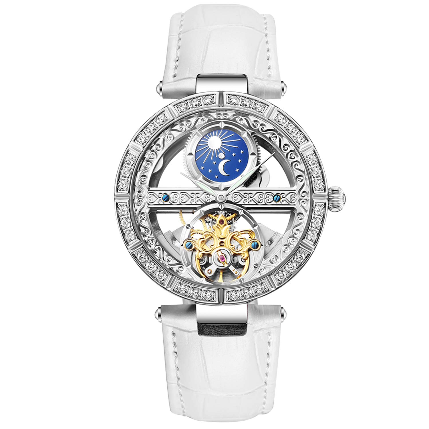 RORIOS Women's Automatic Mechanical Analogue Watch with Leather Strap for Women Mechanical Watches, White A, Strap