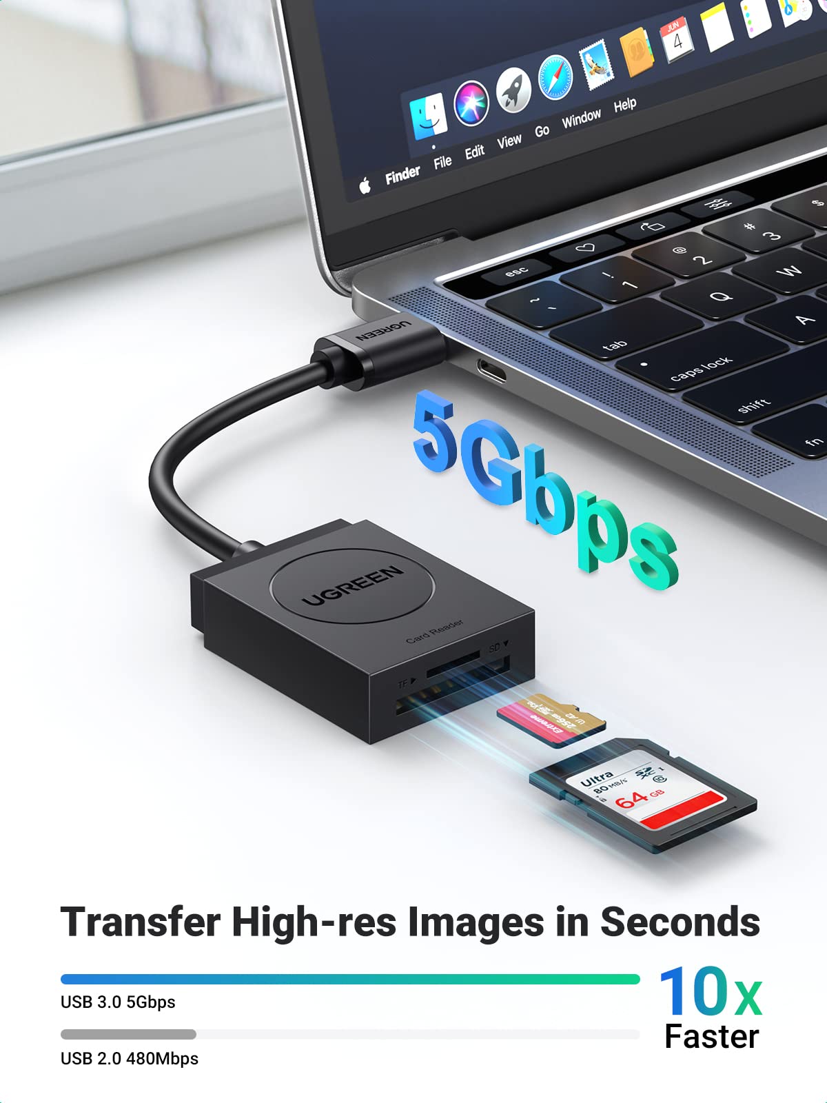 UGREEN SD Card Reader USB 3.0 Dual Slot Flash Memory Card Reader TF SD Micro SD SDXC SDHC MMC RS-MMC Micro SDXC Micro SDHC UHS-I for Mac Windows Linux Chrome Read 2 Cards Simultaneously