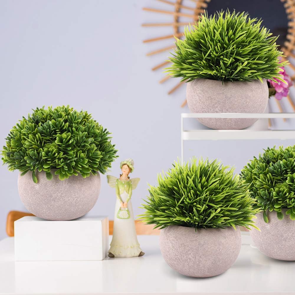 CEWOR 4 Packs Artificial Mini Potted Plants Plastic Faux Topiary Shrubs Fake Plants for Bathroom Home Office Desk Decorations -